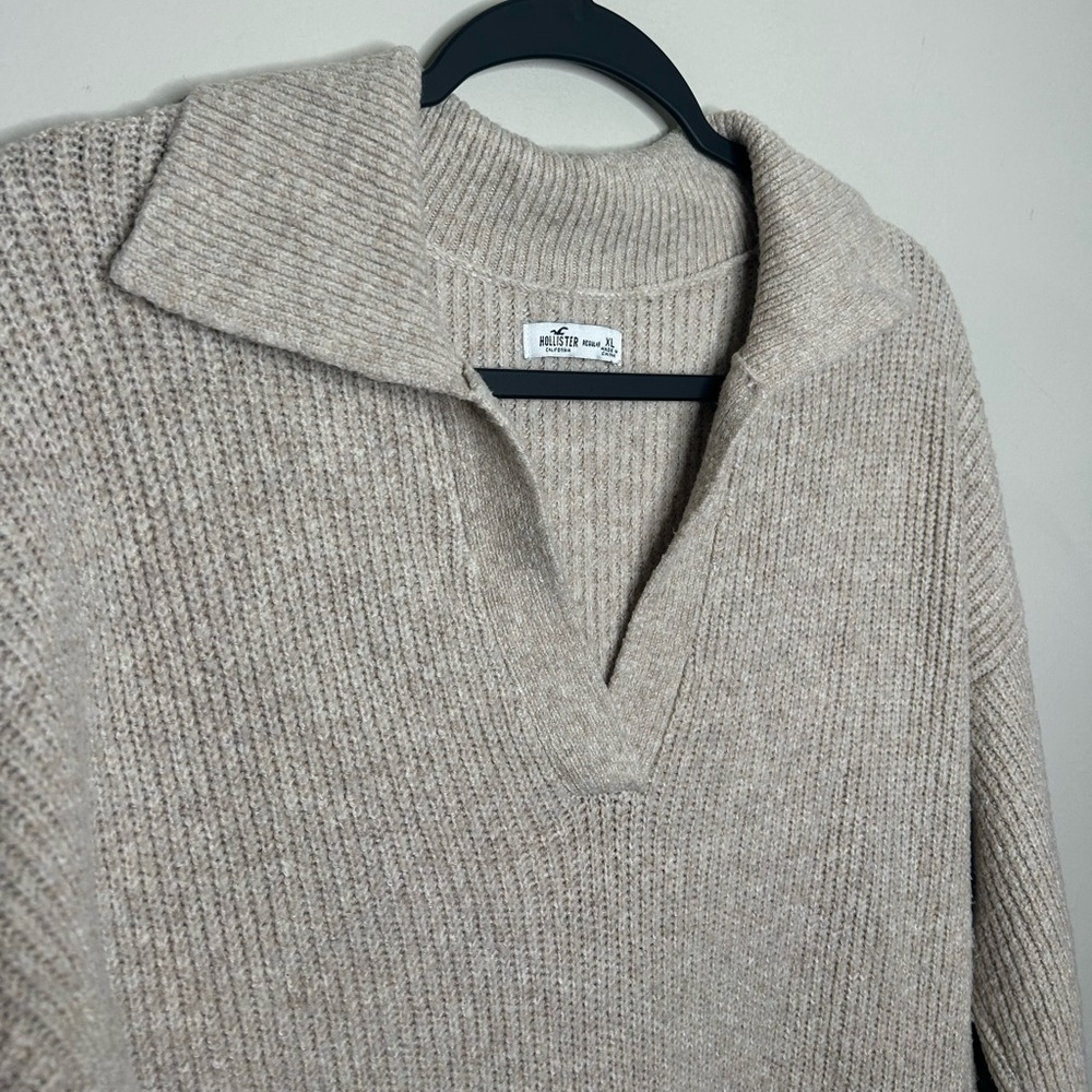 Hollister Co Collared Knit Sweater Jumper Short Mini Long Sleeve V Neck Beige XL - Picture 5 of 10